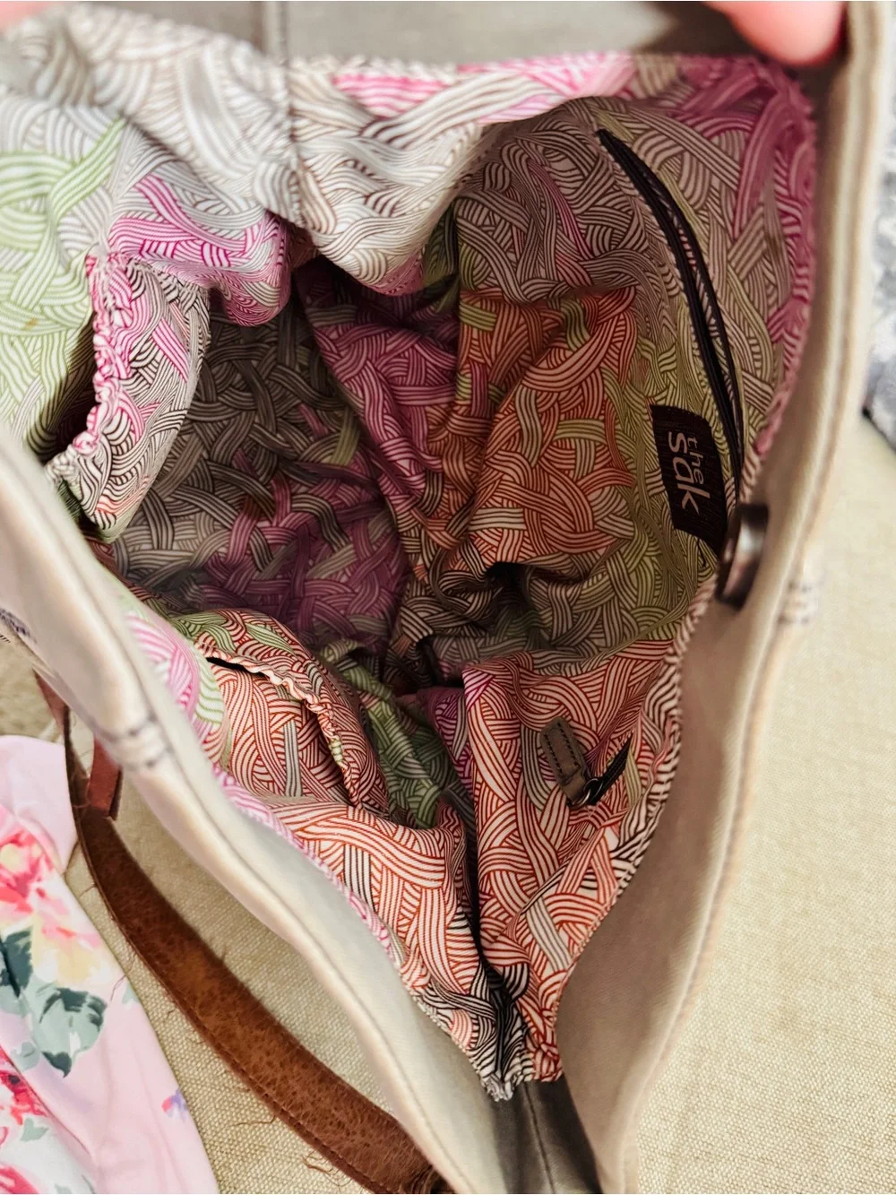 The Sak Neutral Beige Crossbody Bag with Brown Leather Strap